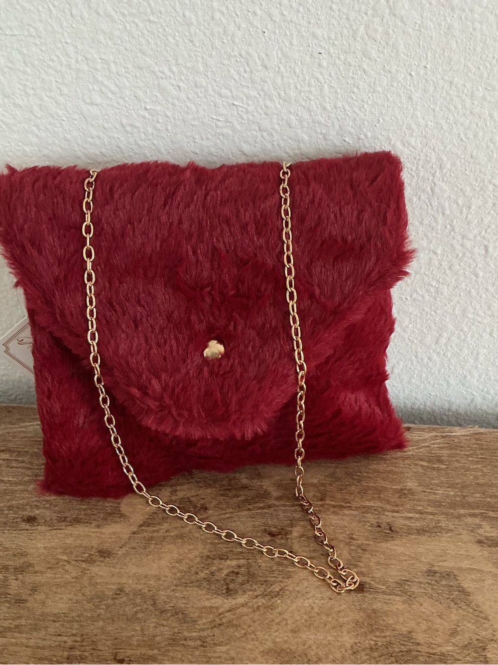 a new day Red Faux Fur Clutch with Gold Chain